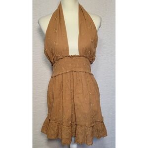 Aerie Halter Dress Size Medium Eyelet Mini Boho Hippie Light Brown 0883